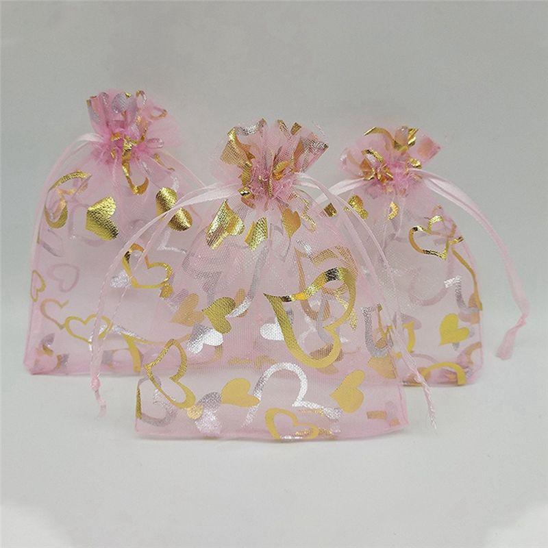 A33R-9X12cm Heart Printed Pink Organza Bags Jewelry Pouch Bags Organza Drawstring Pouches