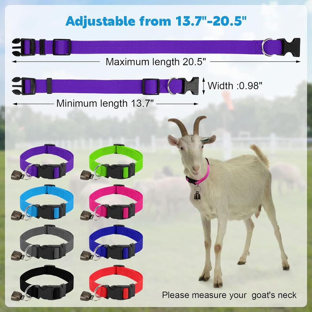 8 Pack Goat Collar with Bell, Adjustable Sheep Collars Set with Quick Release Buckle Durable Nylon Anti-Lost Grazing Pet Collar with Copper Bell for