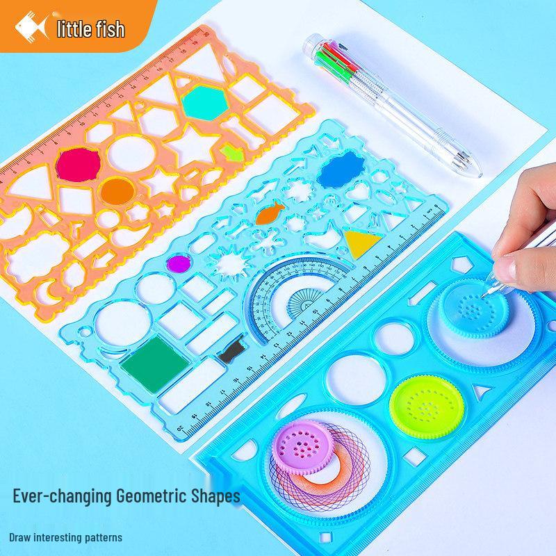 Multifunctional Kaleidoscope Ruler Set: Magic Hand-Painted, Thick Template, Straight Ruler, Protractor for Drawing and Painting