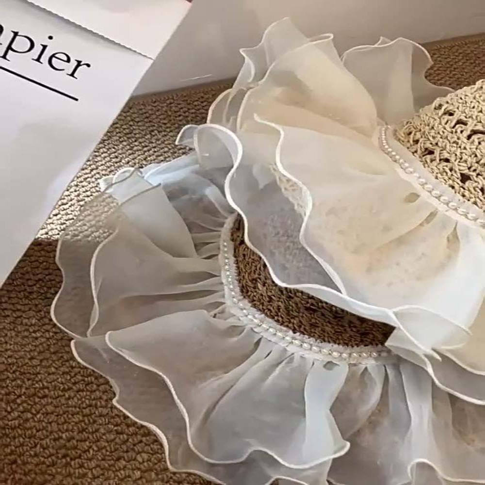 Hollow Out Lace Pearls Sun Cap Breathable Big Brimmed Woven Cap Straw Weaving Beach Hat  Travel