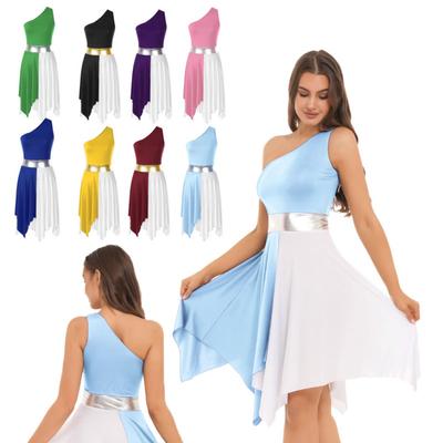 Womens One Shoulder Color Block Dance Dress Patchwork Asymmetrical Hem Sleeveless Dresses Dancewear
