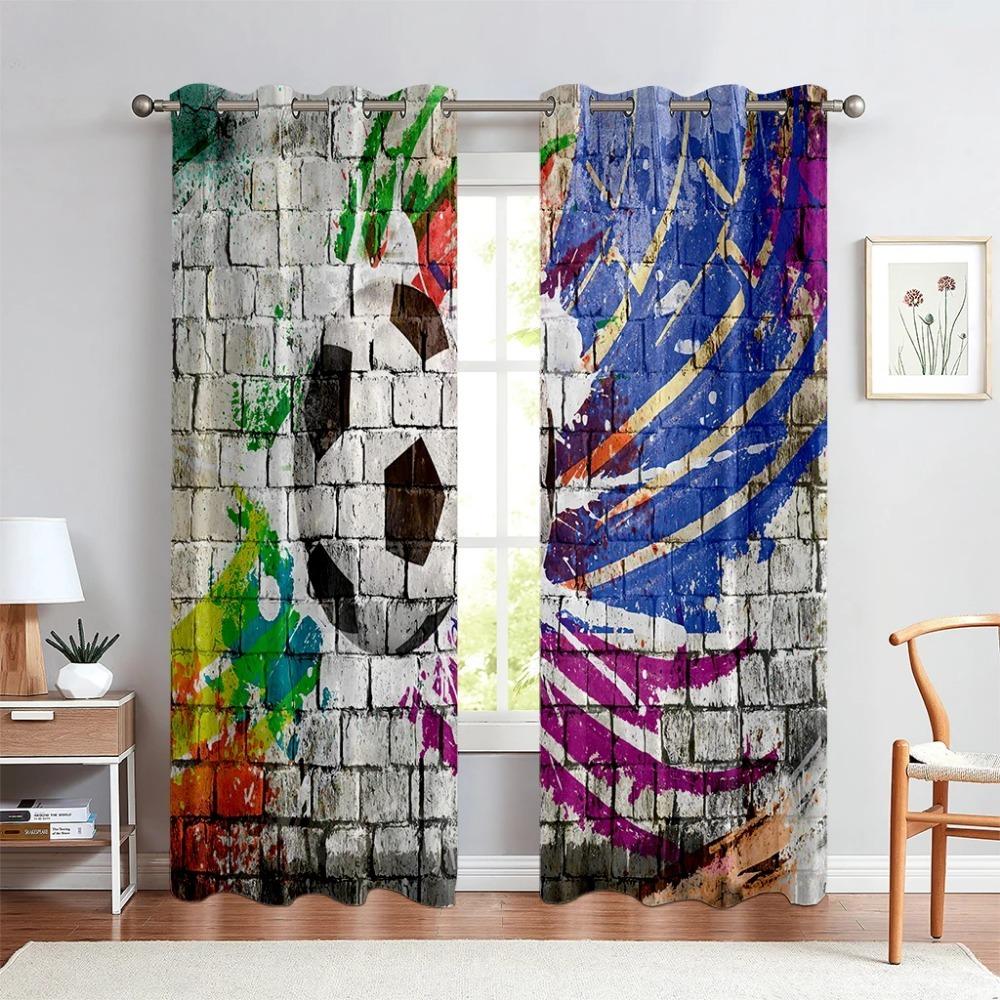 Football Print Curtains Watercolor Color Sports Boy Kids Room Living Room Kitchen Decoration Window Curtains Can Be Customized