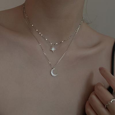 925 Sterling Silver Double Layer Simple Stars Choker Shiny Zircon Moon Pendants Necklaces Girl Gift Fine Accessories