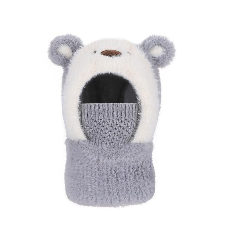 Cartoon bear children's hat, face mask, scarf, integrated pullover hat, winter velvet warm ear protector, knitted wool hat
