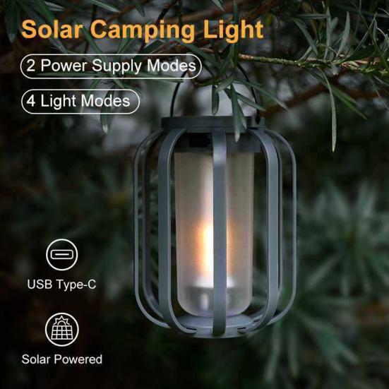 1/2Pcs Solar USB Rechargeable Lantern IP65 Waterproof Flickering Flame Hanging Lantern 2 Modes Outdoor Garden Patio Camping Light