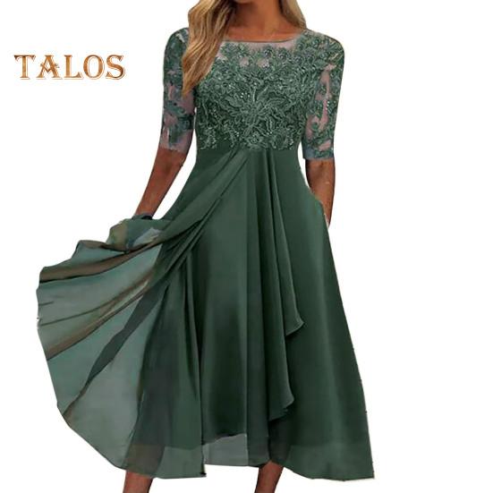 Damen Midikleid mit Blumenspitze, Sommerkleid mit Rundhalsausschnitt, Chiffon, Swing-Kleid, Cocktailkleid, Abendkleid, langes Kleid für Hochzeitsgäste, Brautjungfernparty