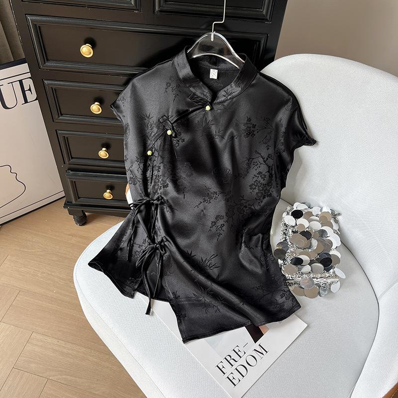 

Улучшенная летняя блузка с коротким рукавом, черная жаккардовая, с ретро застежкой-диском и диагональной планкой, для женщин с улучшенным темпераментом XXXL [Recommended 138-75kg] чёрный