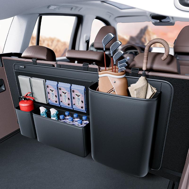 Car Trunk Storage Organizer Leather SUV Rear Seat Back Hanging Tools Firefighter Water Bottle Cup Pocket Organizer Accessories