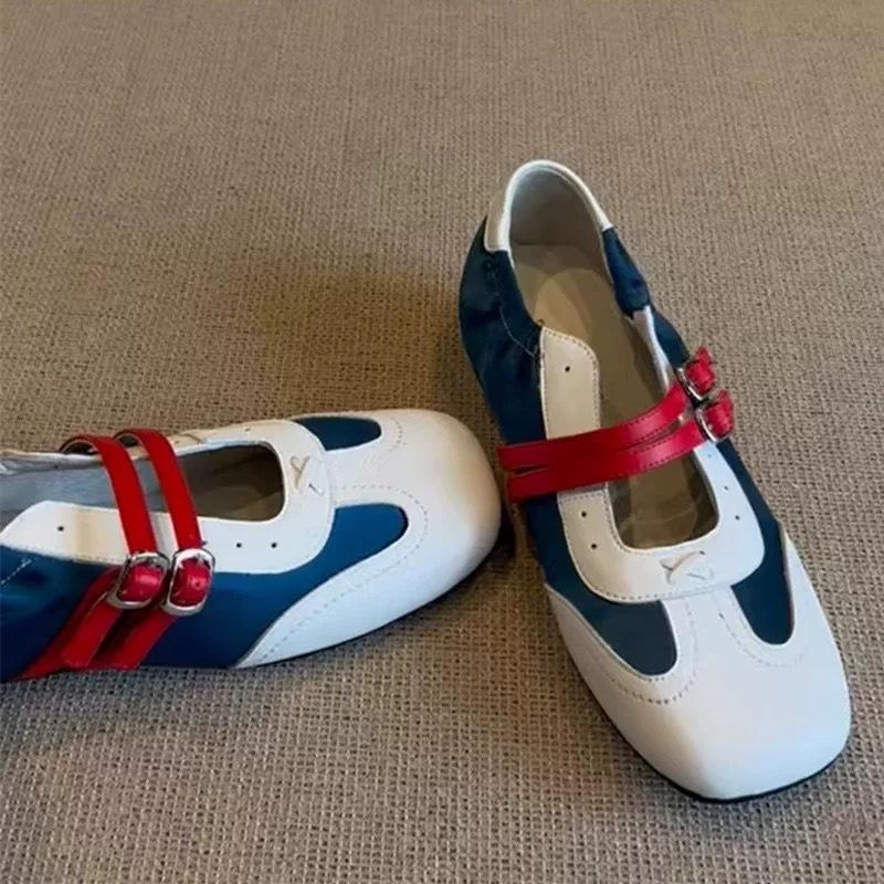 Sheepskin Version~ Retro Niche Color Matching Double-breasted Square Head Flat-bottomed Sports Moral Training Shoes Women's Spring and Autumn Mary Ja