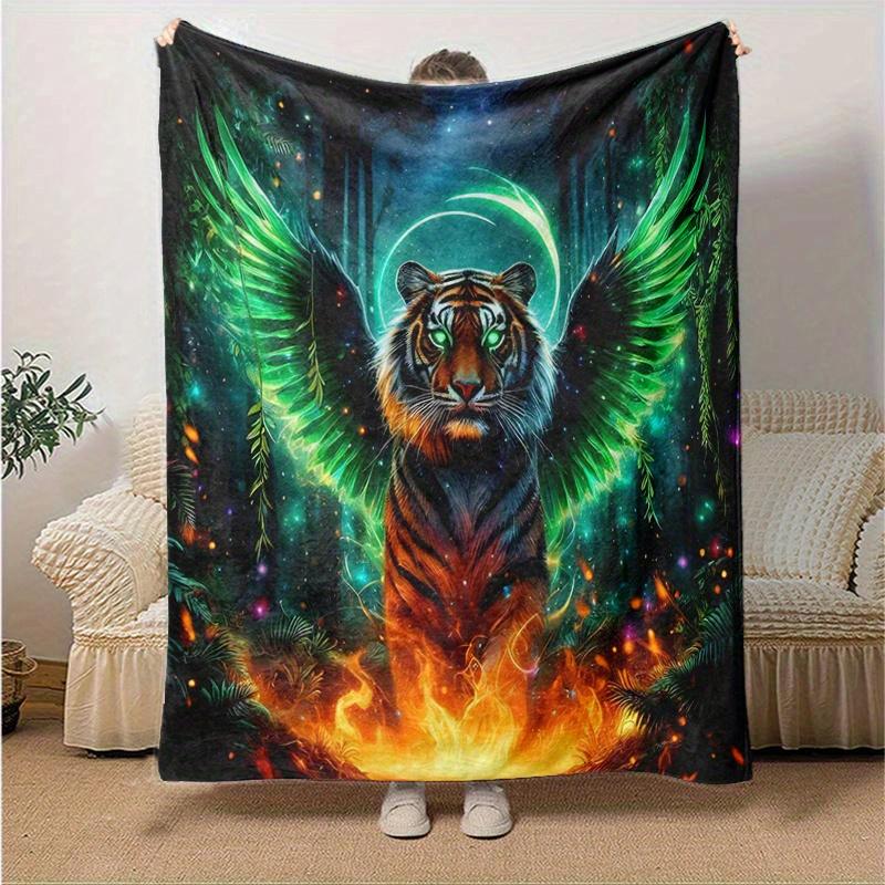 1pc The Winged Tiger's Mystical Journey Blanket Soft Throw for Room Decor, Perfect Gift, Living Room, Travel, Camping, Car Blankets, Beach