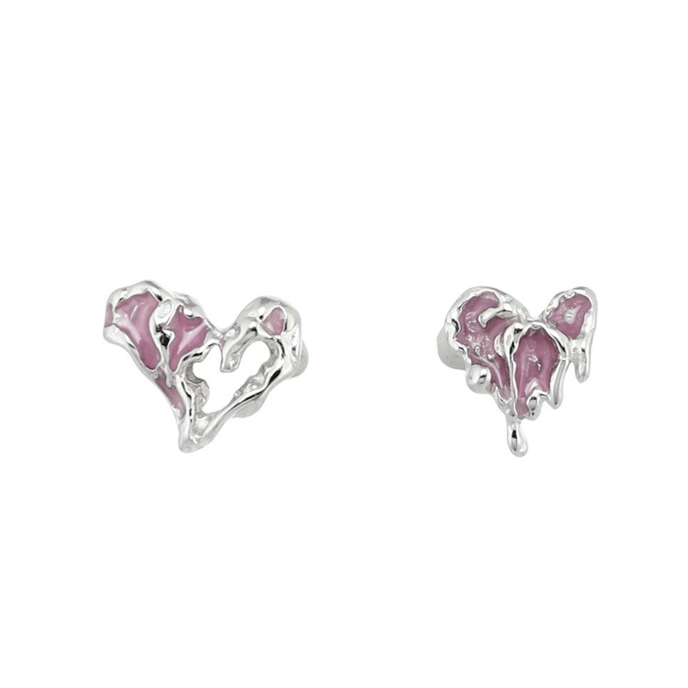 S999 Pure Silver Ear-Caring Lava Asymmetric Love Pink Stud Earrings Sweet Grace Cool Design Sterling Silver Earrings