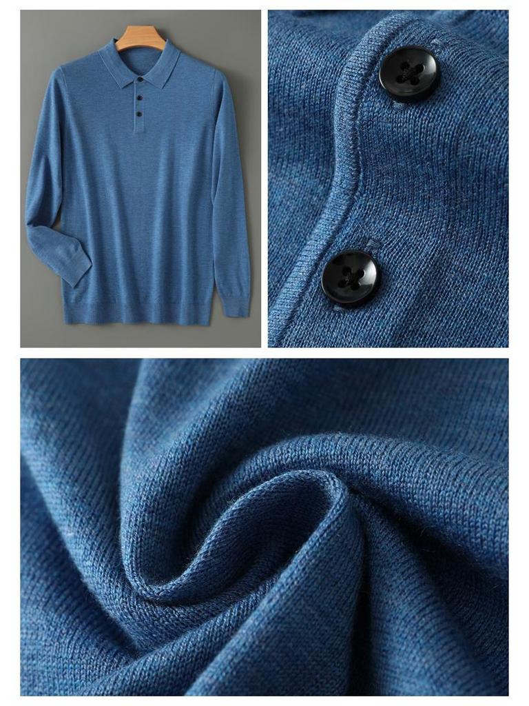 Men's Solid Color Casual Polo Collar Long Sleeve Knitwear Pullover
