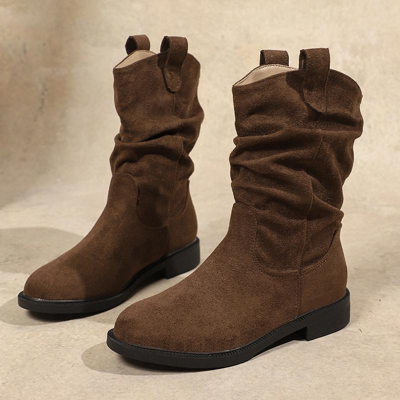 Autumn Winter Low Heel Mid Calf Boots Women  Plus Size Slip On Western Boots Woman Vintage Pleated Design Flock Botas Mujer