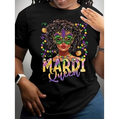Dams Mardi Gras Grafisk T-shirt Svart Mardi Queen Bokstäver Fleur-de-Lis Pärlor New Orleans Karneval Rund Hals Kort Ärm Avslappnad Fest Topp