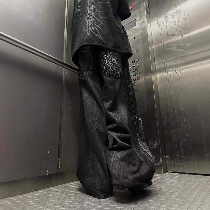 Dark Street Style Loose Fit Jeans Teen Boys Straight Leg Long Pants Casual Daily Wear