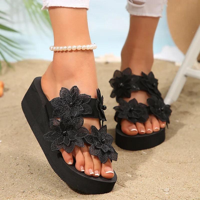 Fashion Women Shoes Thick Bottom Embroidery Flowers Slippers Women Vacation Beach Wedge Heel Sandals Woman 2025 Summer Platform Slides