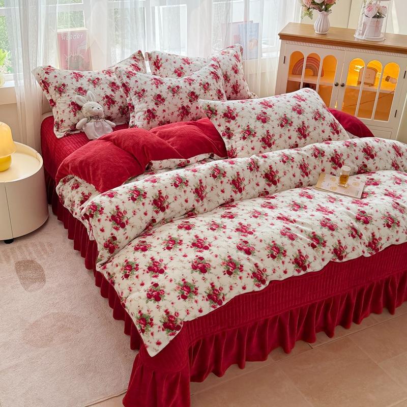 Thickened Milk Fleece Bed Cover Four-Piece Set, Fleece Bed Sheet Quilt Cover, Baby Fleece Three-Piece Set, Bedding