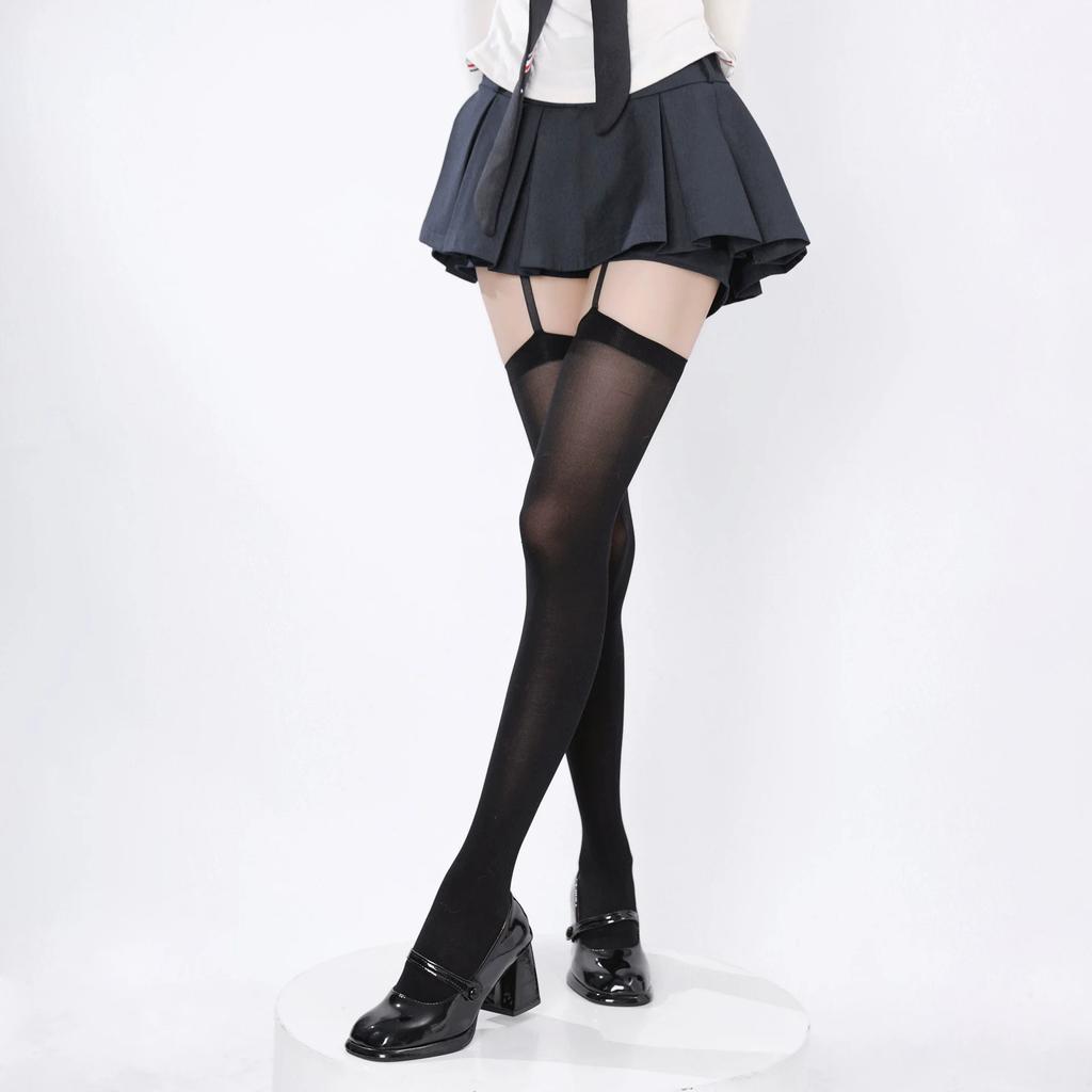 Women Sexy Suspender Thigh High Stockings Velvet Thin Black White Irregular Exposed Skin Lolita JK Japanese Knee High Socks