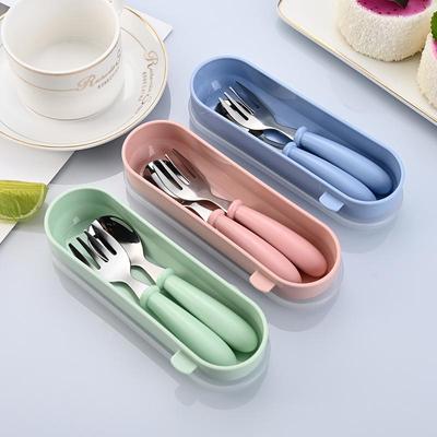 Ensemble de couverts portables pour enfant avec manche de dessin animé - Fourchette et cuillère en acier inoxydable Boîte cadeau pour l'alimentation à la maternelle