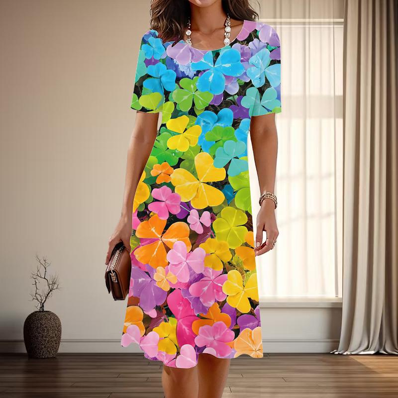 Damenmode Anmutig Schönes Blumenmuster Sommer Frühling Kurzarm O-Ausschnitt Freizeitkleider