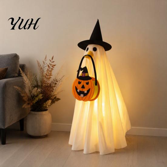 Holiday Photo Prop Outfit Halloween Glowing Ghost Costume with Witch Hat & Pumpkin Tote Bag, LED Easy To Wear Set Light Up Fabric for Kids,