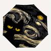 Starry Night Cat Automatic Folding Umbrella  8 Ribs, Durable Iron Frame, Bright Color Pattern Compact Travel Umbrella, Suitable for Outdoor,