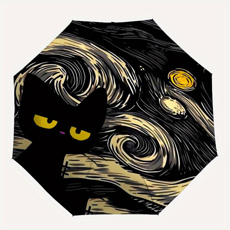 Starry Night Cat Automatic Folding Umbrella  8 Ribs, Durable Iron Frame, Bright Color Pattern Compact Travel Umbrella, Suitable for Outdoor,