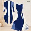 Women Plus Size Off White Printed Two Piece Set Sleeveless Round Neck Tie Waist Flare Dress And Long Sleeve Open Cardigan