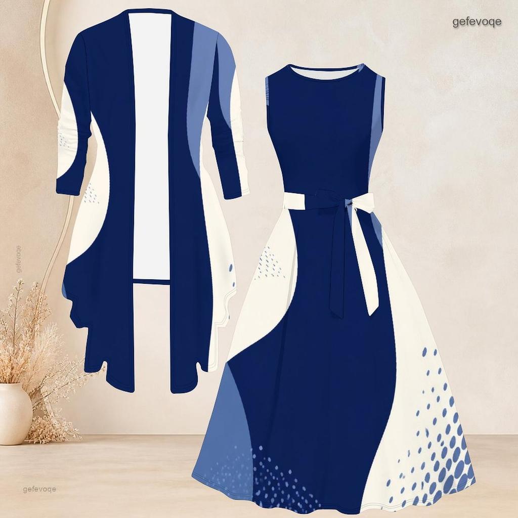 Women Plus Size Off White Printed Two Piece Set Sleeveless Round Neck Tie Waist Flare Dress And Long Sleeve Open Cardigan