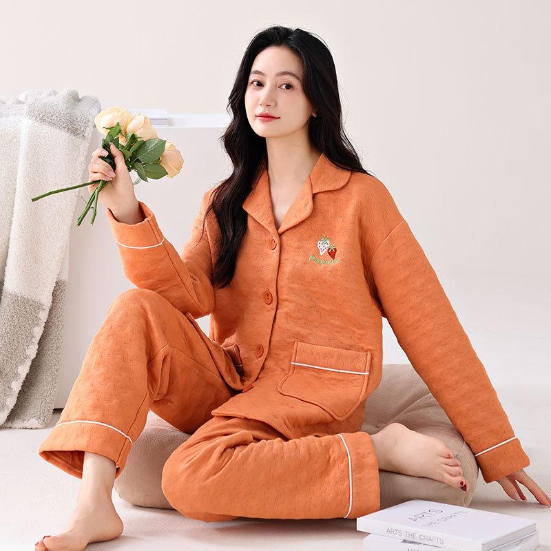 Pajamas Women'S Winter Thickened Pure Cotton Long-Sleeved Sandwich Air Cotton Autumn And Winter Loungewear Winter