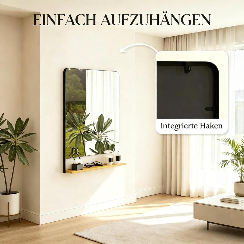 Rectangular Wall Mirror 80 x 60 cm, Modern Mirror with Metal Frame and Wood Elements for Living Room, Bathroom & Hallway (only with wall mirror)