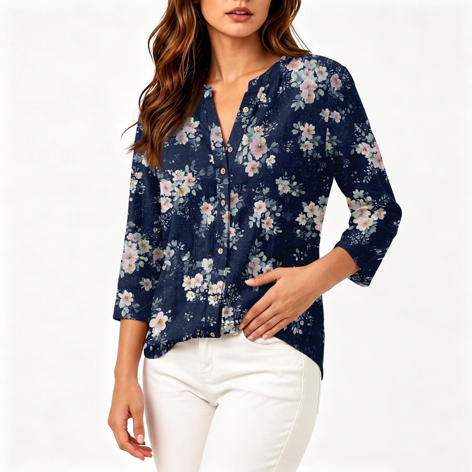 Women s Vintage Floral Print Henley Button Neck Shirt Three Quarter Sleeve Linen Cotton Blend Casual Blouse L синий