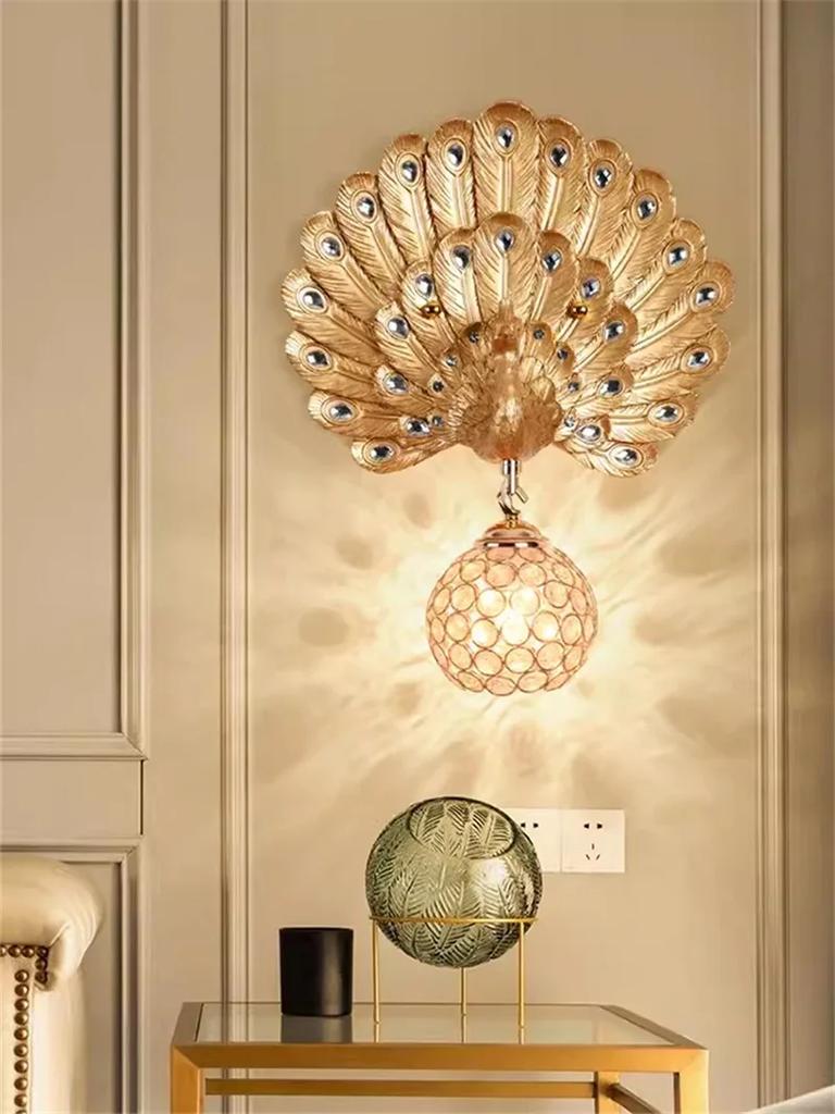 European Creative Peacock Wall Lamp Resin Crystal Lighting Decorative Dinning Living Background Bedroom Bracket Light