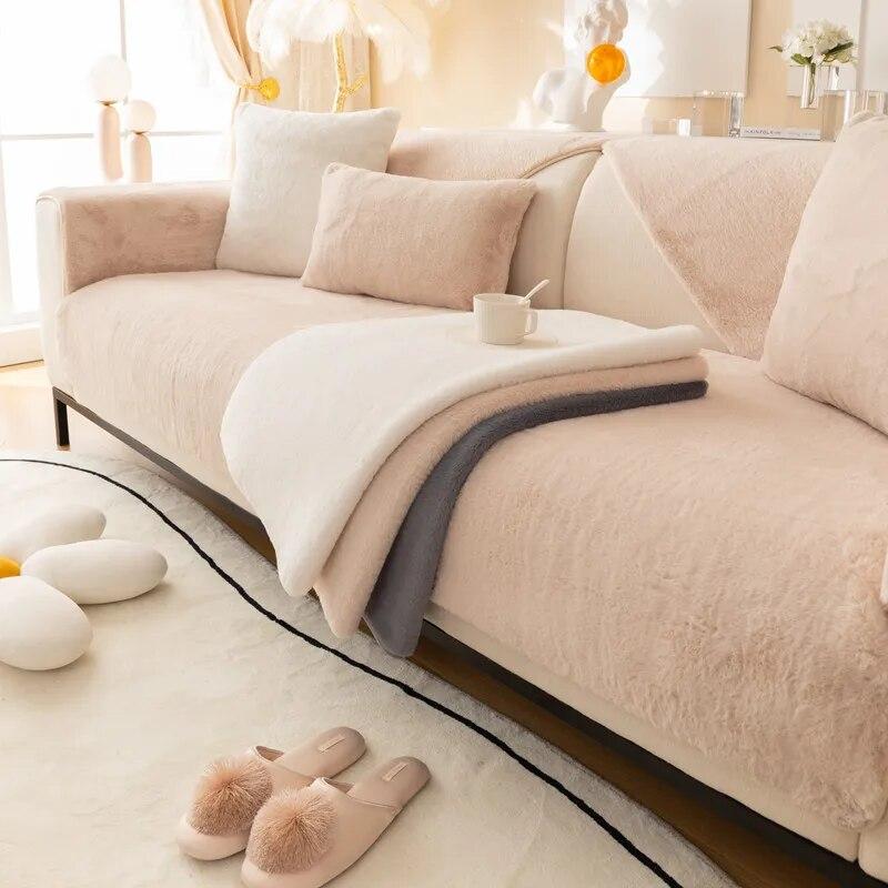 Rabbit Plush Sofa Cover Warm Winter Sofa Towel Covers Non-slip Universal L Shape Couch Mat Blanket Seat Cushion for Living Room