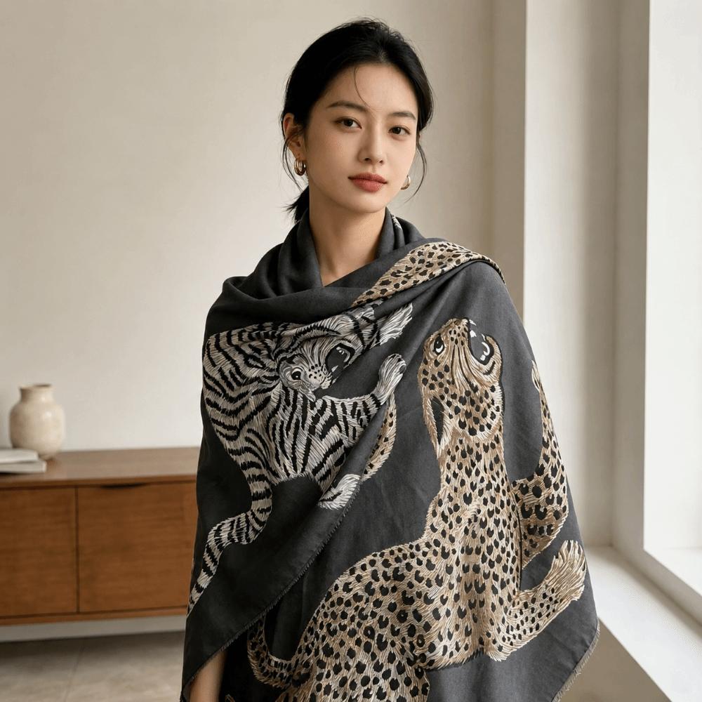 Fringed Edge Silk Scarf Leopard Print Fringed Shawl New Leopard Print Scarf  Head Styling