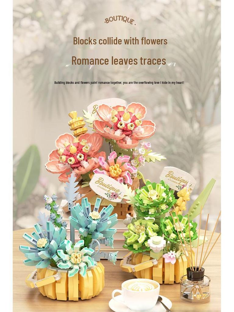 Flower Basket Series Micro-Particle Building Blocks: Sunflower & Succulent Potted Plants – Lego Compatible Toys