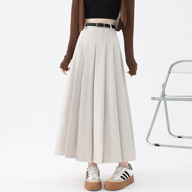 

Half-body Skirt Female Autumn and Winter Models High-waist Skinny Pleated Skirt Belt Big Swing High Waisted Suits Elegant Fashion Medium-length Skirts S абрикосовый