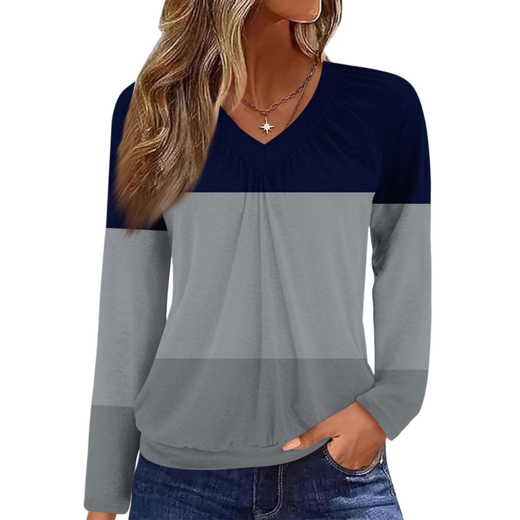 Women's Casual Fashion V-Neck Raglan Pleated Floral Print Long Sleeve Top