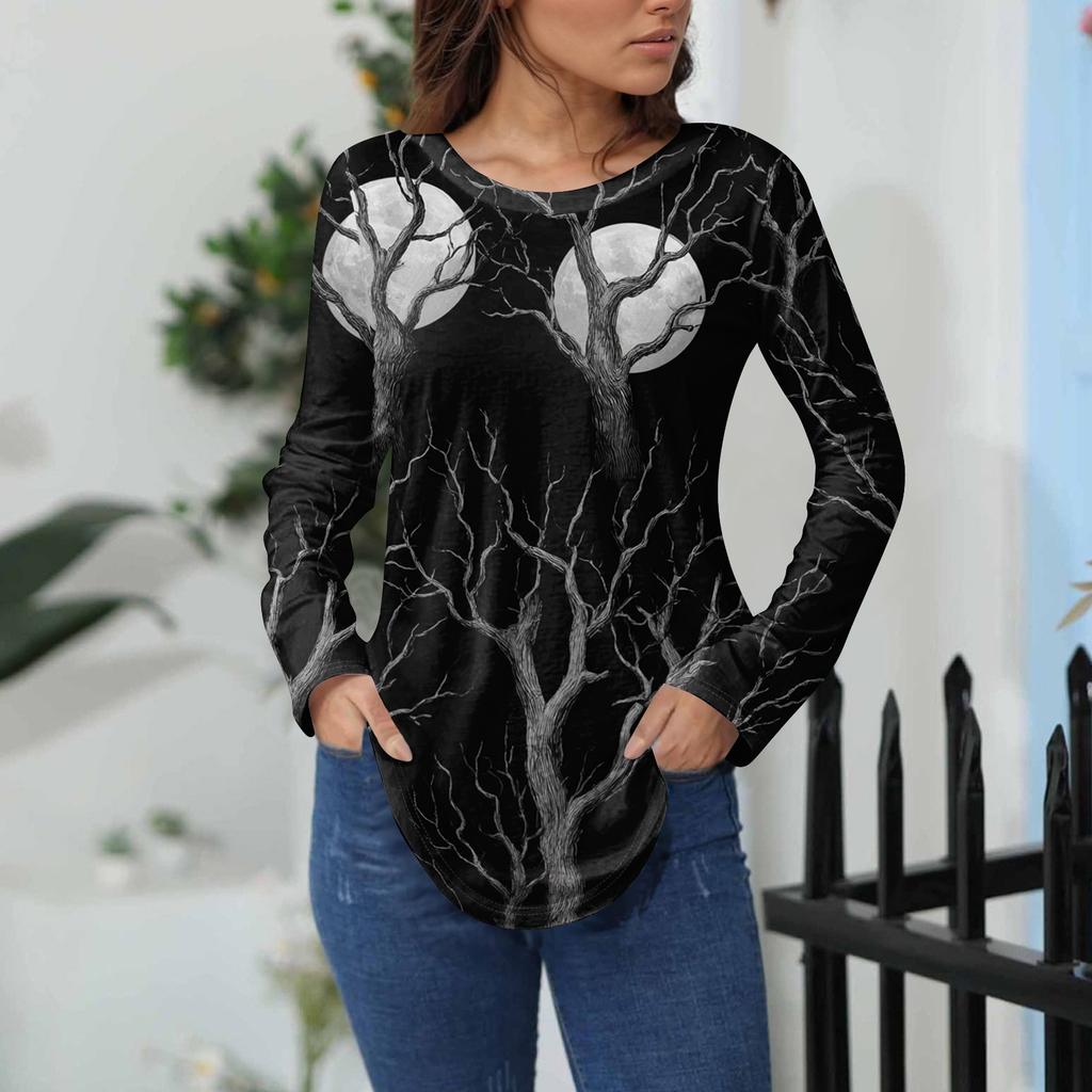 Women's Loose Fit Long Sleeve T-Shirt with Retro Halloween Print, Neck Pullover Top