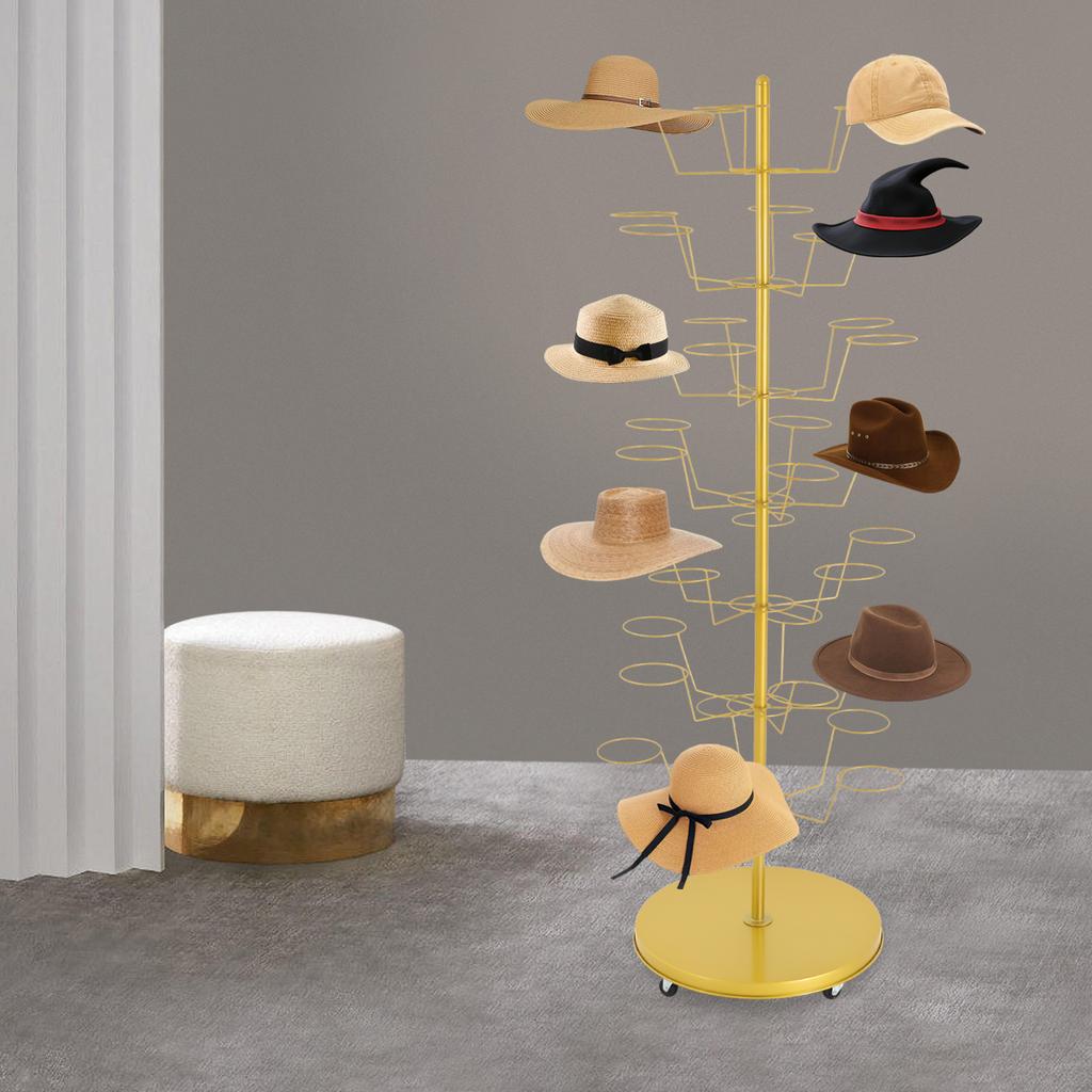 7-Tier Golden Hat Wig Display Stand, Freestanding Multi-Tiered Hats Racks, 22 In Wide 65 Inch High Storage Organizer for Retail
