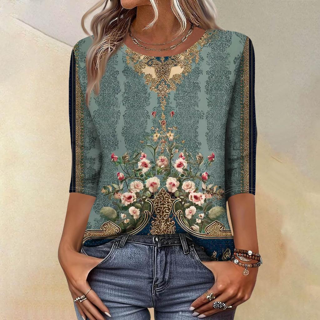 Trendy Vintage 3/4 Sleeve Top For Women,Ladies Casual Three Quarter Sleeve Round Collar Printed T-Shirt Blouse