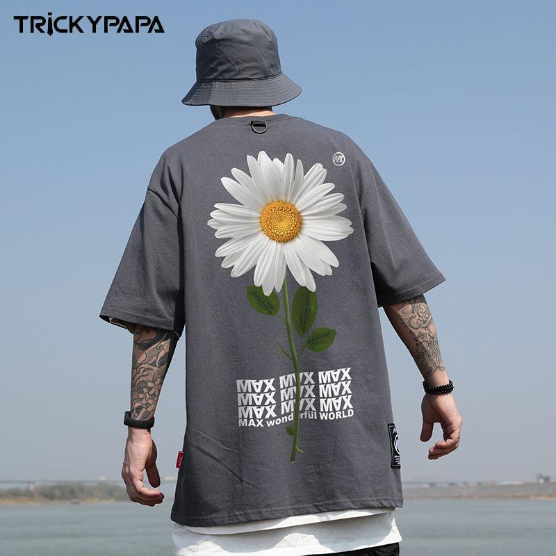 Guochao Brand Daisy Printing Short-Sleeved T-Shirt For Men And Women Couples Oversize Street Half-Sleeved Ins Tide