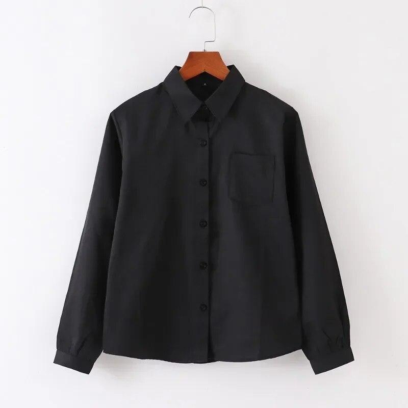 Japanese Style Fashion Pointed Turn Down Collar Blouse Autumn Long Sleeve Shirt With Pocket Women Tops Solid Color Clothes 29876