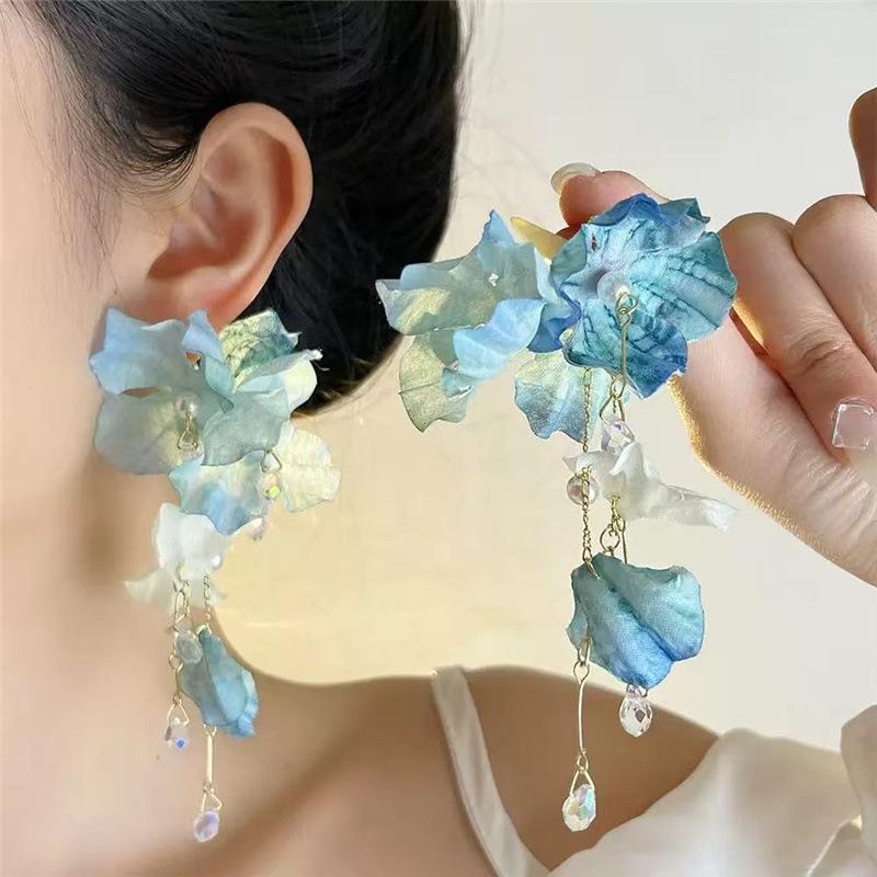 Exaggerated Blue Flower Long Pearl Tassel Earrings For Women Exaggerated Big Petal Earrings Lady Vacation Jewelry Accessories