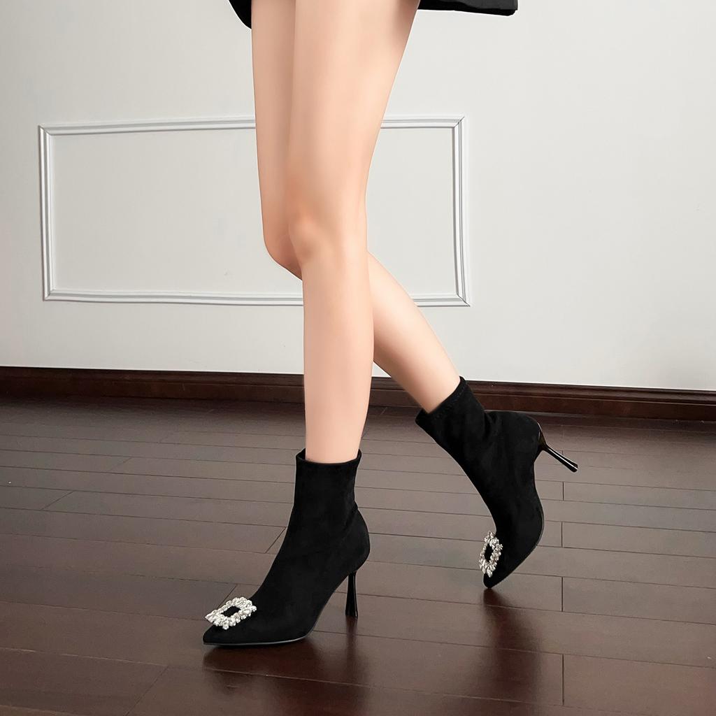 2025 Autumn and Winter New Elastic Boots Temperament Versatile Models Pointed Thin Heels Thin Boots Fashion Heels Colorful Rhinestone Buckle