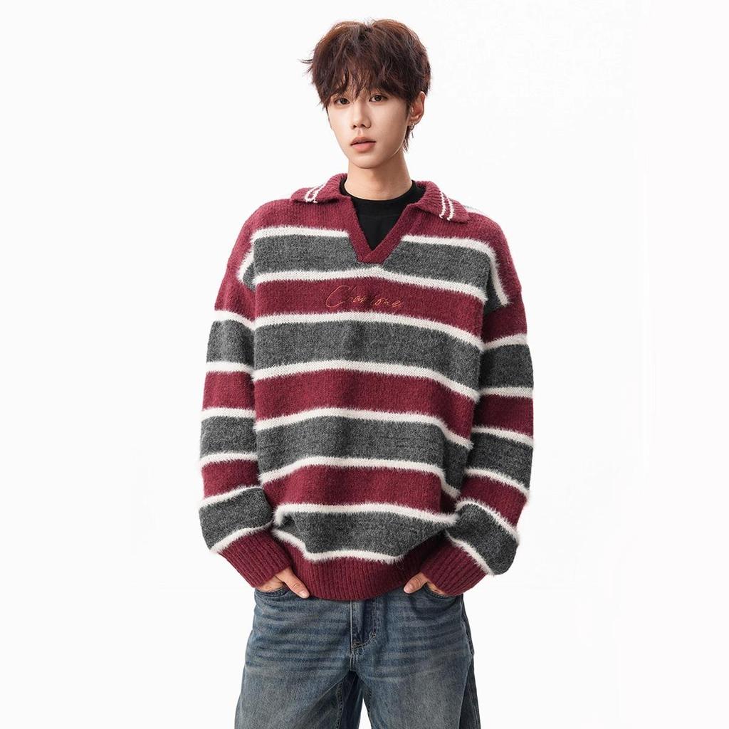 Unisex Retro-gestreifter Pullover mit Kragen - Lässige Winterstrickware