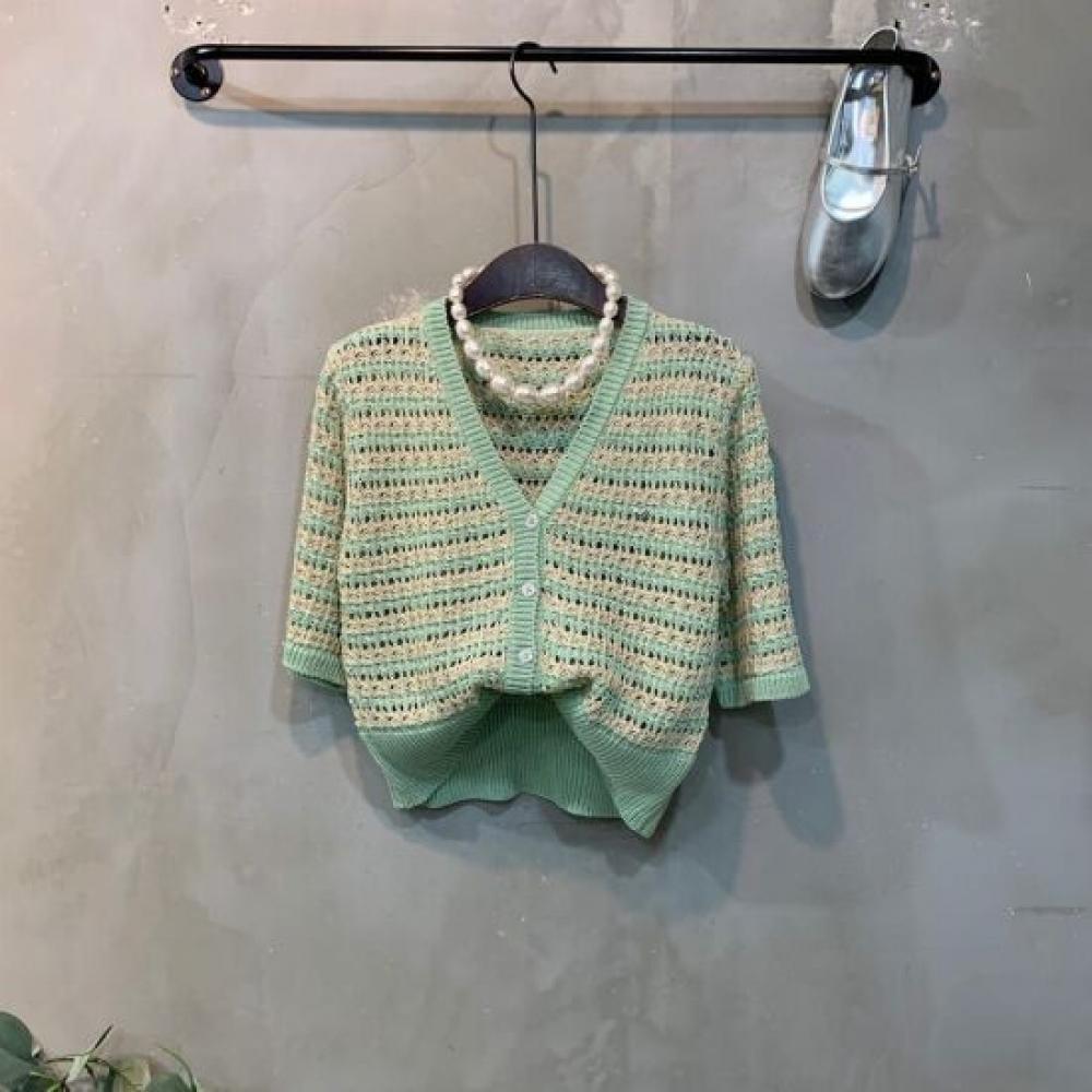 C S In The Room Color bloCk Stripe Pendant Short Sleeve Knit Cardigan 3 ColorS