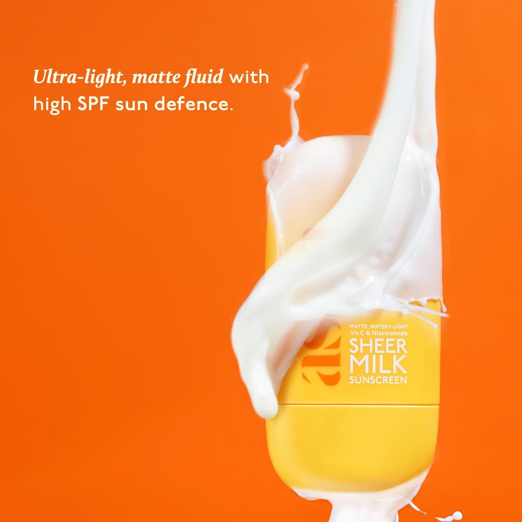 Asaya Sheer Milk Sunscreen SPF 50 PA++++ UVA + UVB | In-VIVO Tested | Lightweight Fluid Sunscreen with Vitamin C & Niacinamide for Brightening &