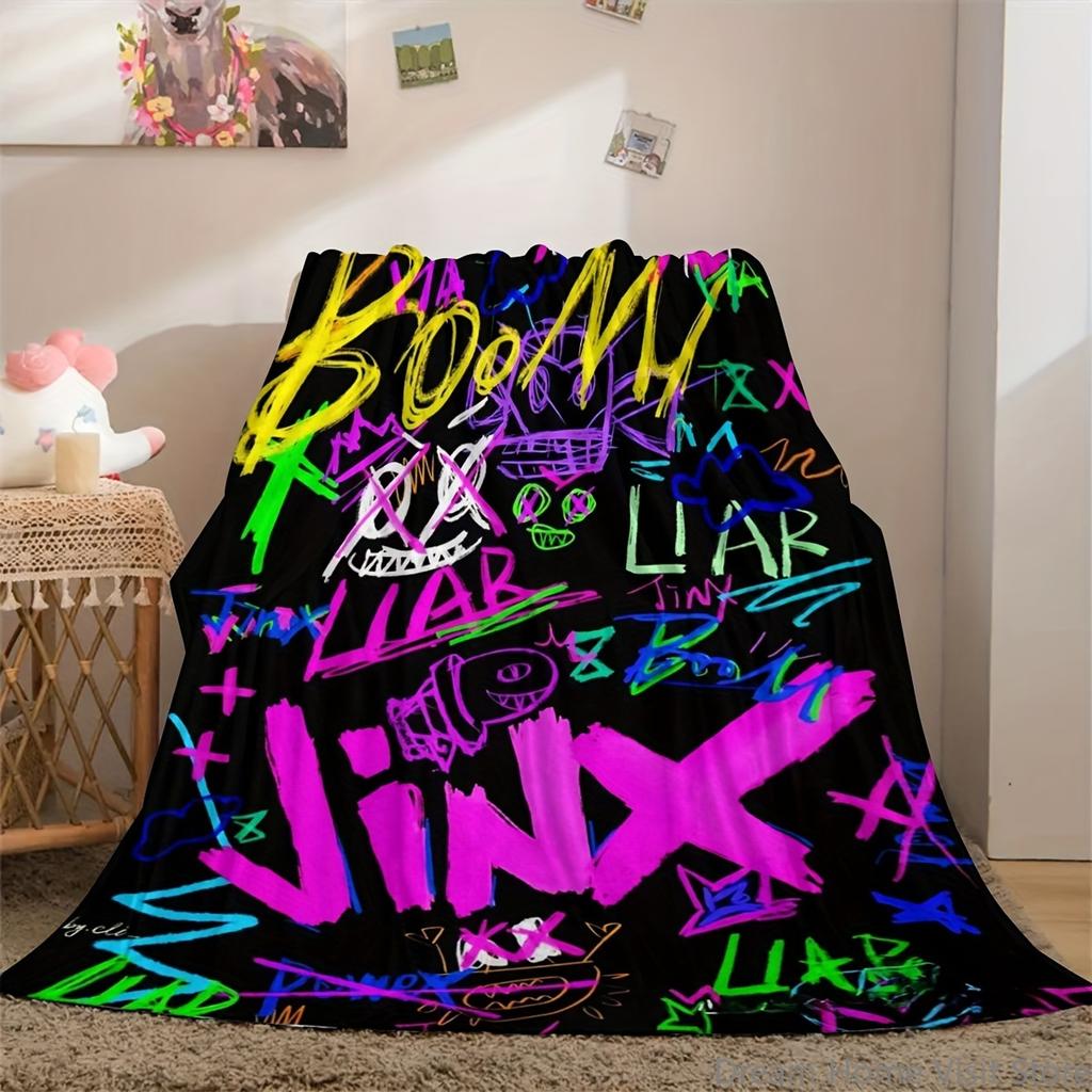 1PC Contemporary Graffiti Style Flannel Throw Blanket, Jinx & Boom Character Print, Multipurpose for Couch, Bed,Travel & Camping