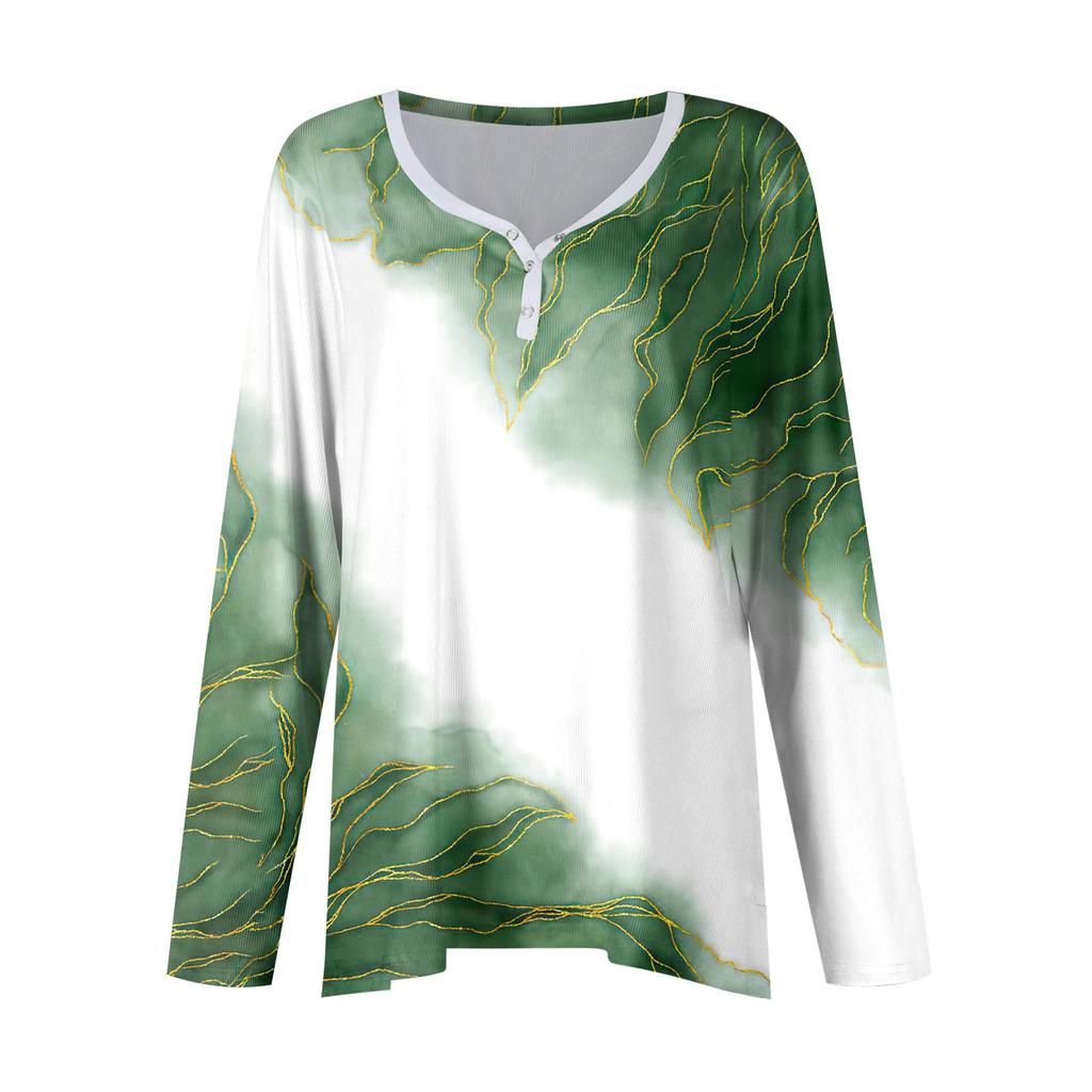 Women's Casual Long Sleeved V-neck Button Printing Slim Fitting Top